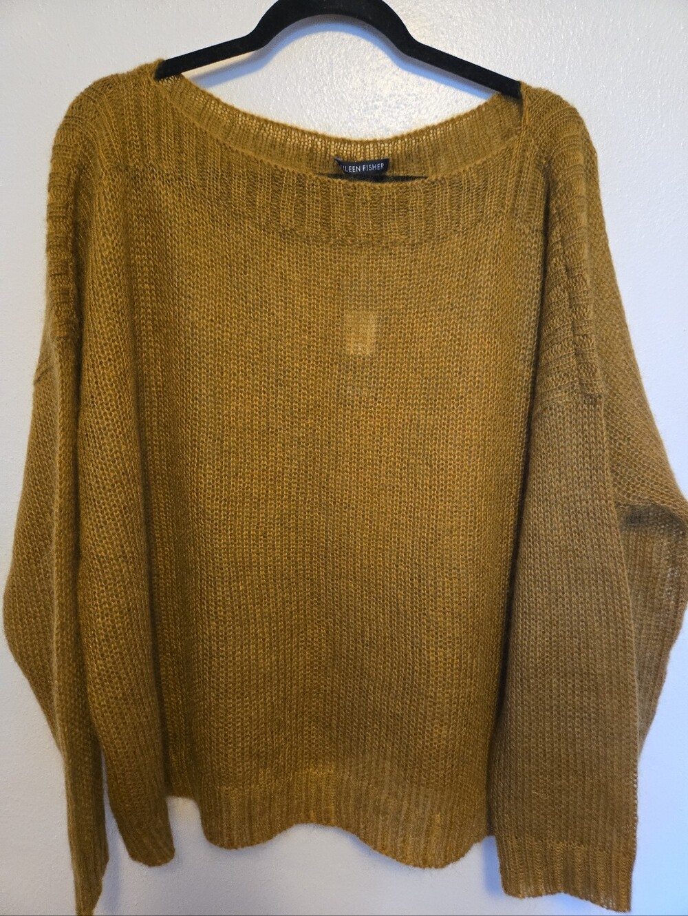 Eileen Fisher Mohair Blend Bateau Neck Boxy Fit Sweater Lightweight Khaki XL NWT
